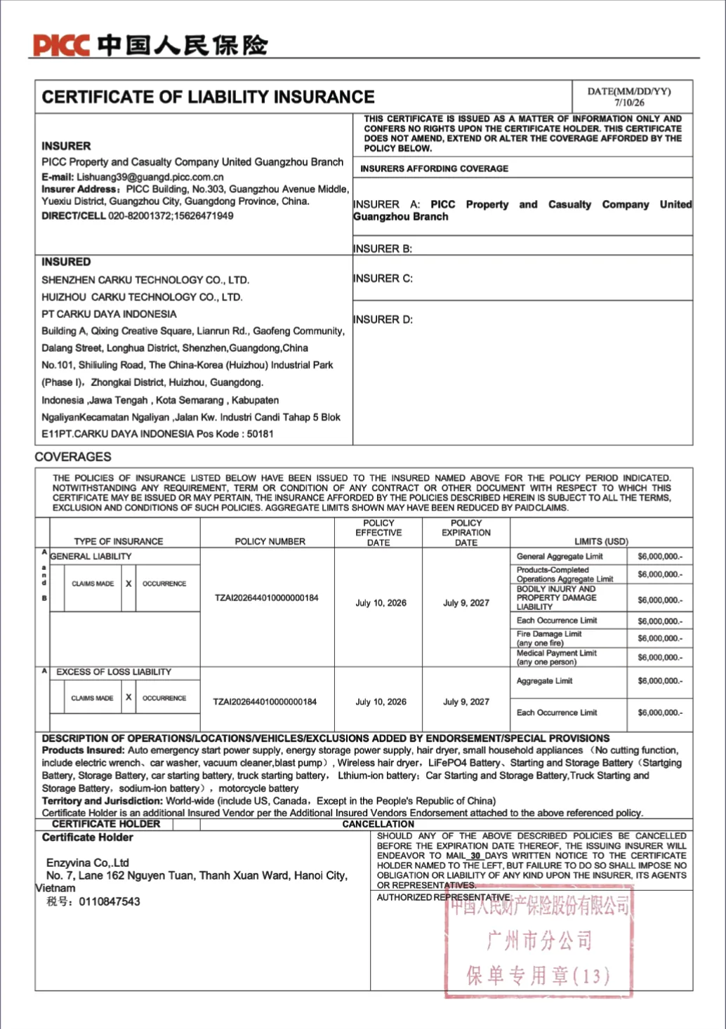 Giấy chứng nhận bảo hiểm trách nhiệm PICC cấp cho sản phẩm Carku, Enzyvina Co.,Ltd là bên được chứng nhận